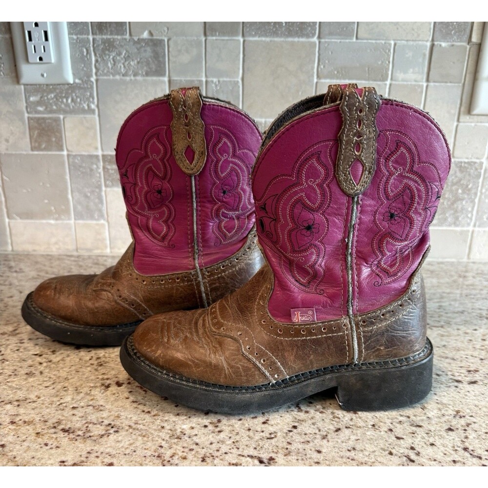 Justin Gypsy Purple Brown Leather Stockman Cowboy Boot US 6.5 B Style L9926 Pink